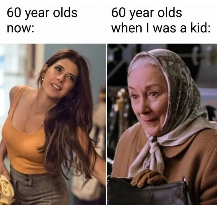 Comparison meme of 60 year olds now versus 60 year olds in childhood