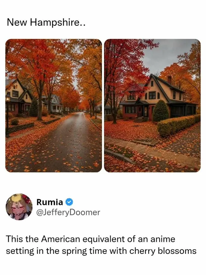Scenic New Hampshire fall foliage photos shared as funny memes to friends.