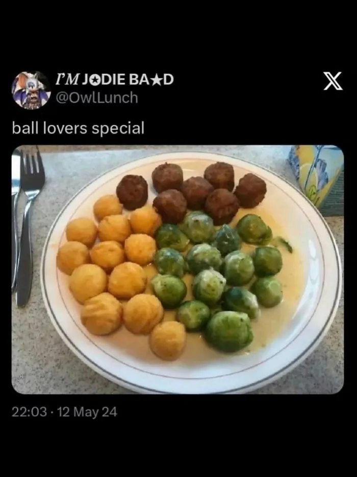 Relatable memes of a plate of meatballs, potato tots, and Brussels sprouts titled ball lovers special