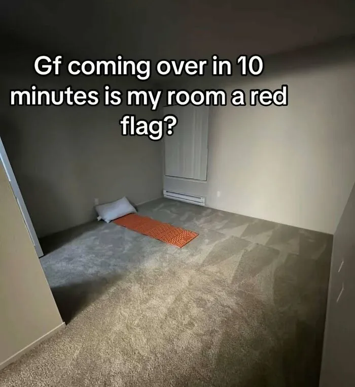 An empty room with only a sleeping pad as part of funny memes about room setups