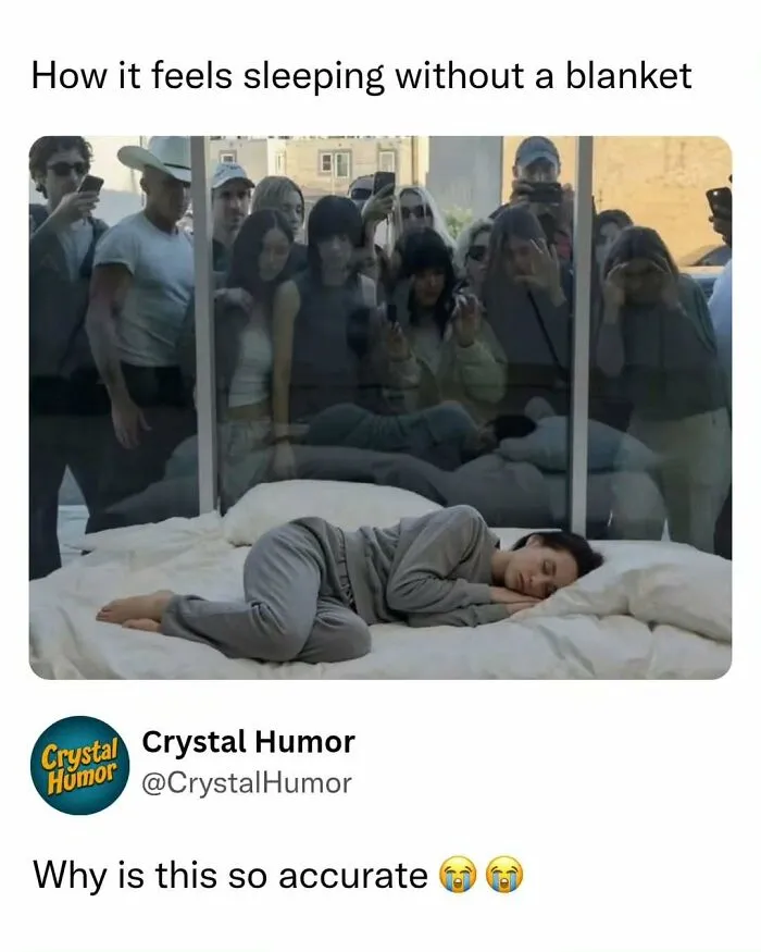 Relatable meme showing a person sleeping without a blanket watched by a crowd, perfect for sending memes to friends.