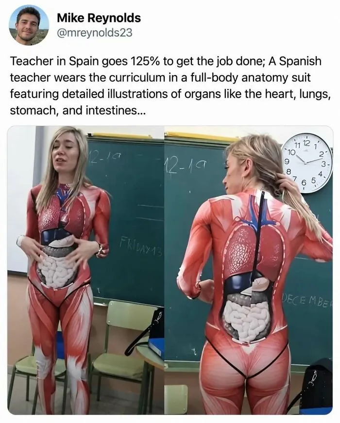 A teacher wearing an anatomy suit showing internal organs, featured as an entertaining post