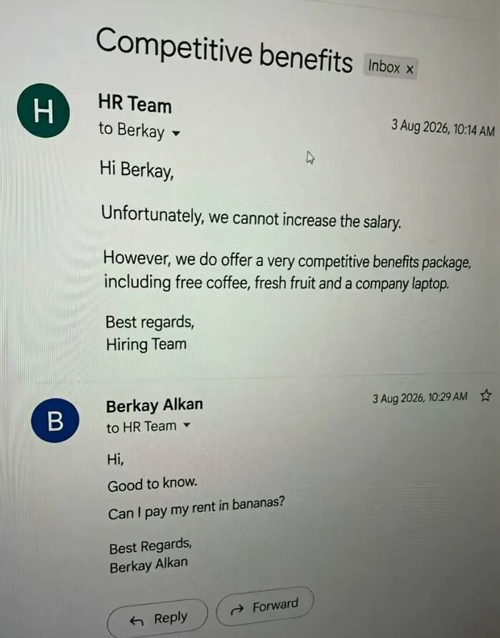 Witty office humor meme showing an HR email about benefits and rent in bananas.