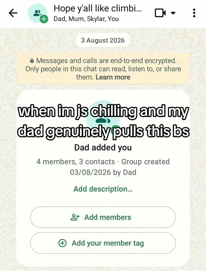 A WhatsApp screenshot about family chats depicting relatable funny memes