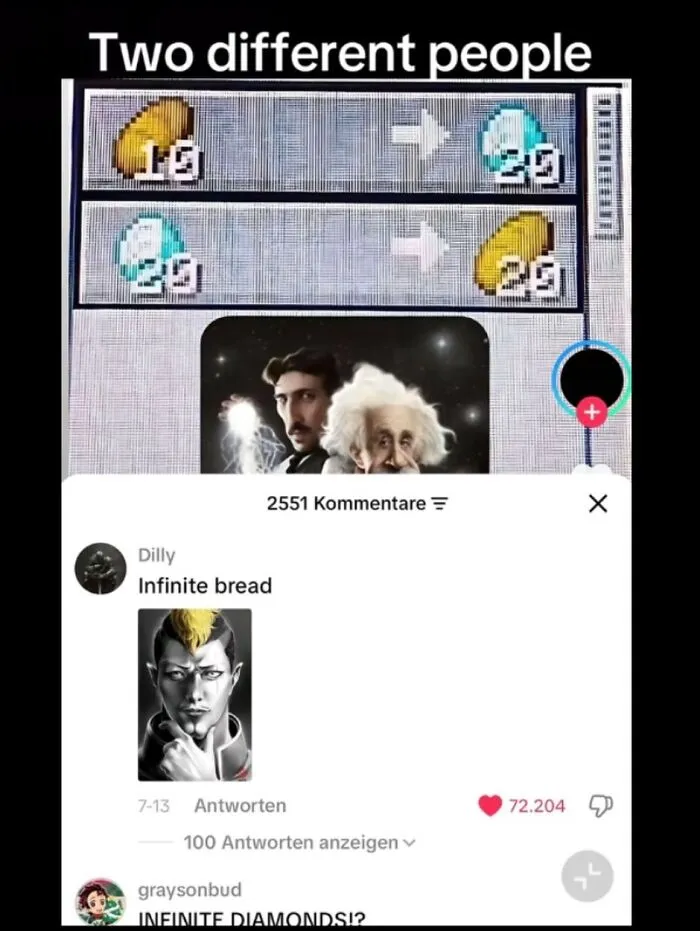 Funny meme about in-game trading glitch featuring Nikola Tesla and Albert Einstein