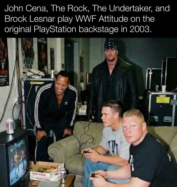 A meme with a fake caption of WWE wrestlers playing video games featured in amusing posts