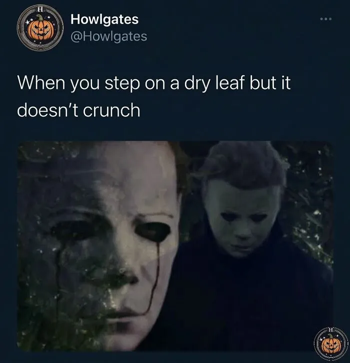 Sad Michael Myers overlaying a tweet about dry leaves for spooky season memes fans