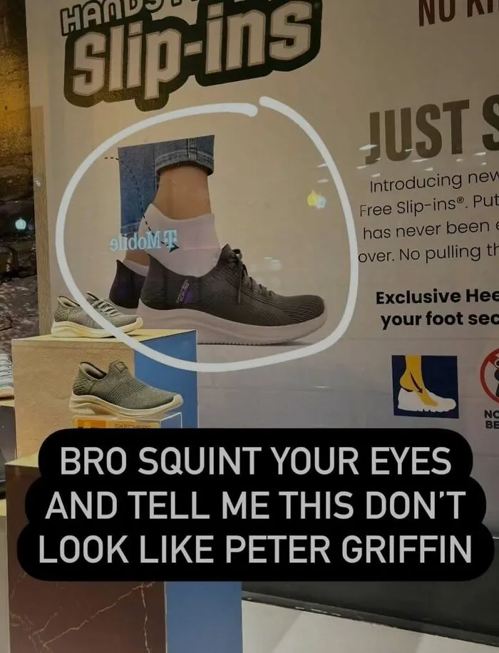 Shoe ad with sock that looks like Peter Griffin in cursed images