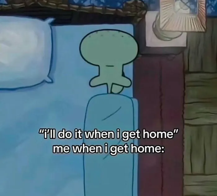 Squidward laying awake in bed meme about procrastinating on tasks at home