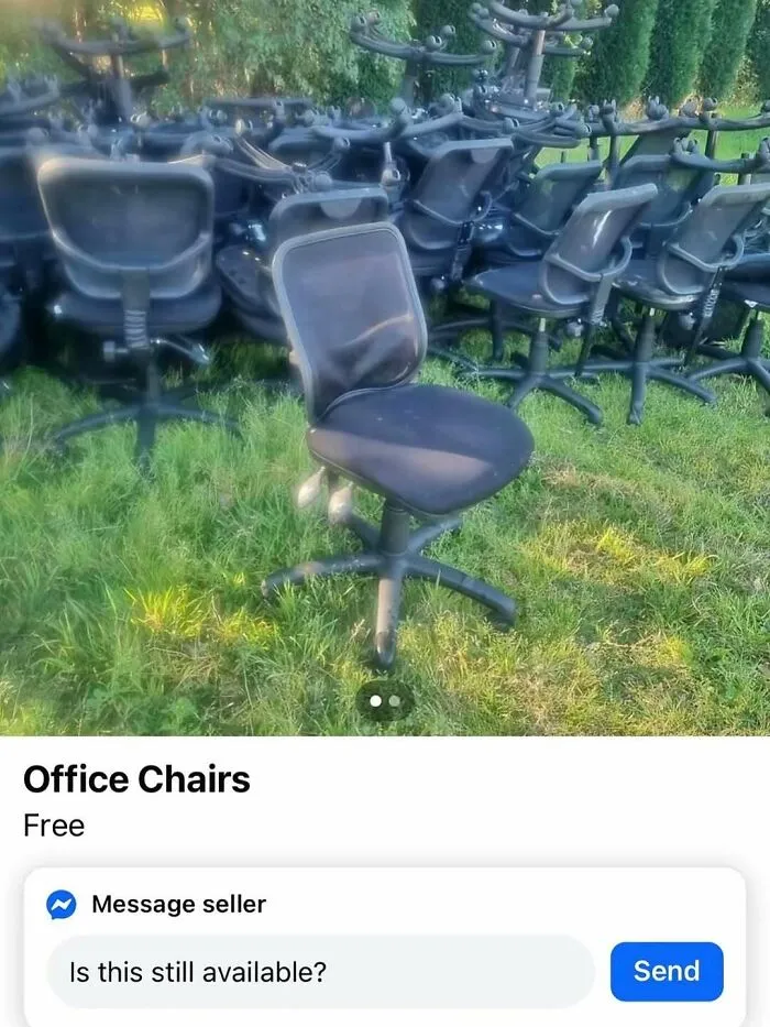 A pile of free office chairs on a lawn highlighting funny memes