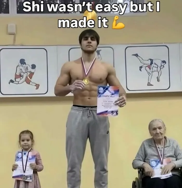 Relatable meme showing diverse age winners with medals in a sports setting