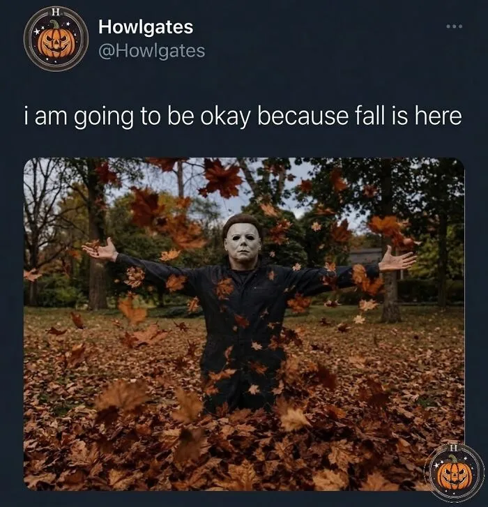 Michael Myers joyfully throwing autumn leaves outdoors in spooky season memes style
