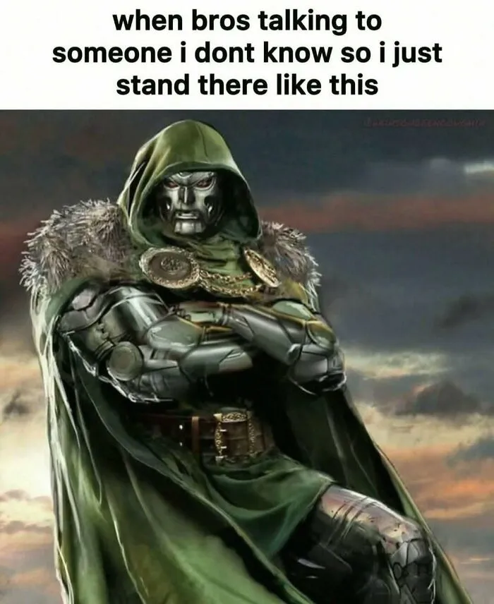 Hilarious pics meme featuring Doctor Doom standing with crossed arms.
