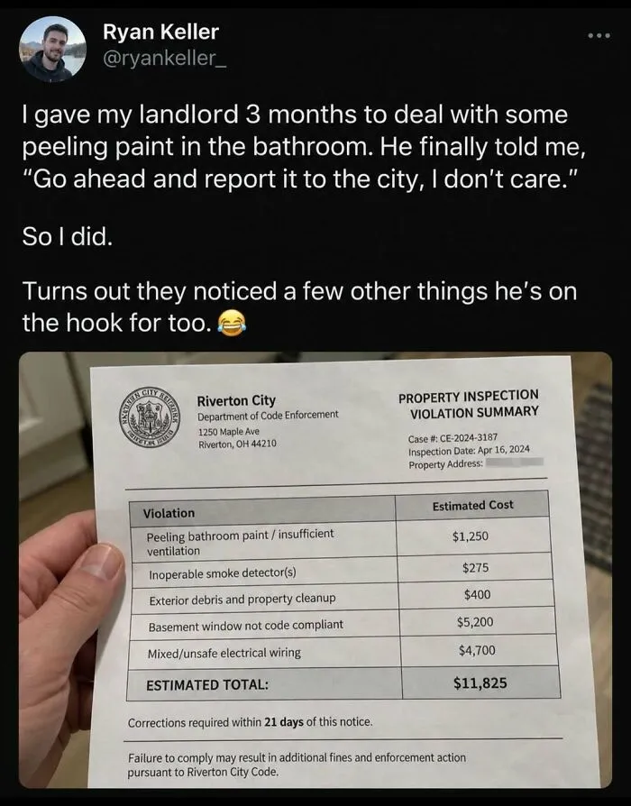 Entertaining post showing a property inspection violation summary with thousands in fines