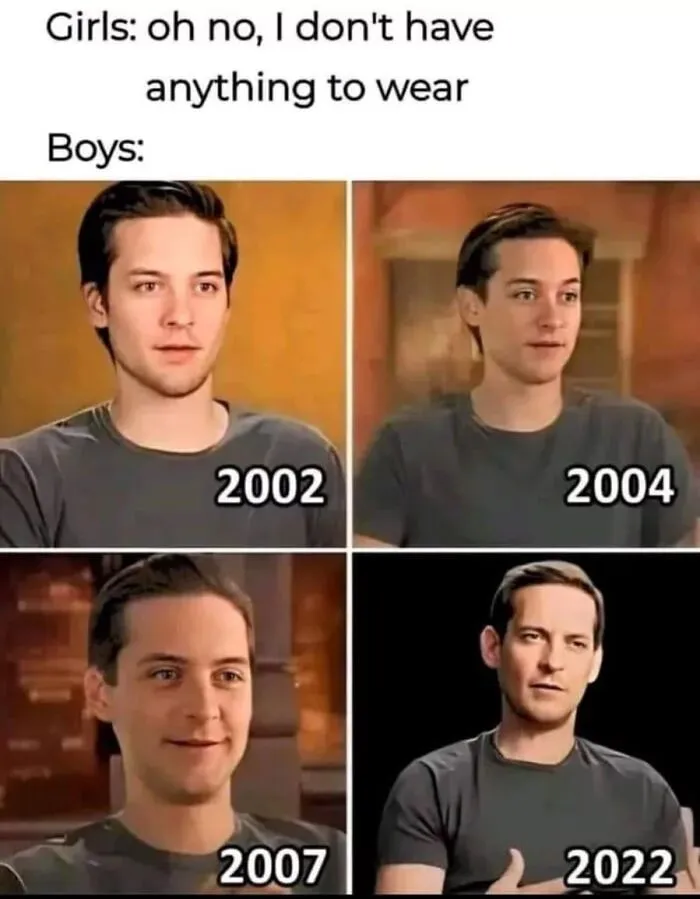 Funny meme on boys evolving clothing choices over years