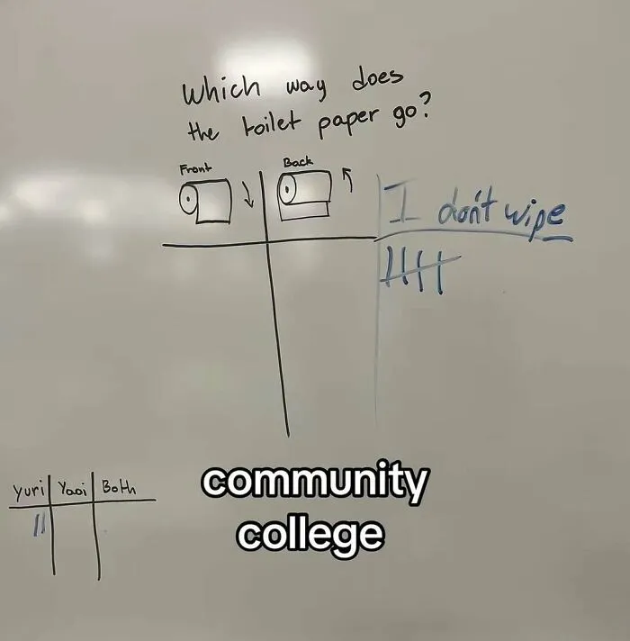 A whiteboard survey about toilet paper direction illustrating humorous memes