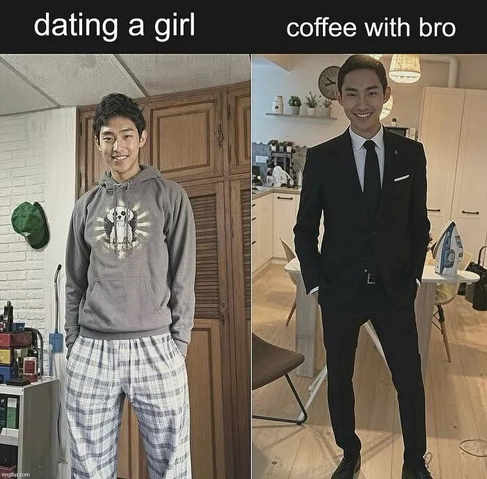 Relatable memes comparing casual and formal looks for dating and coffee with bro