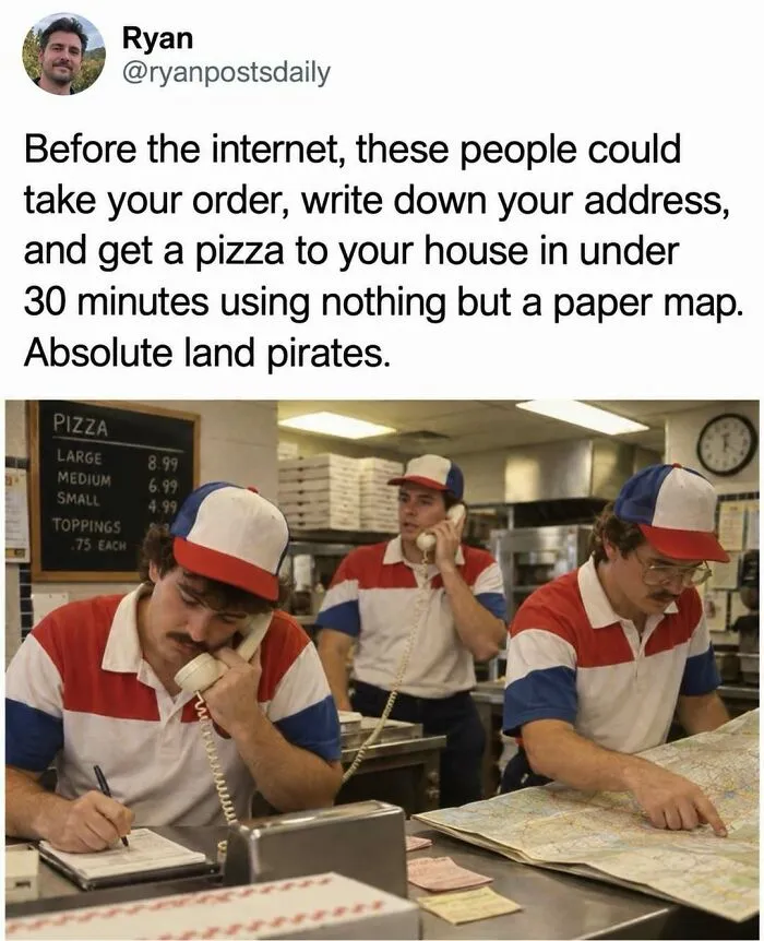 Entertaining post about vintage pizza shop workers taking phone orders and using paper maps