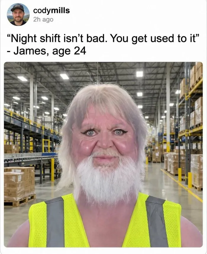A silly post showing a warehouse worker with an aged filter joke, highlighted in fun posts.