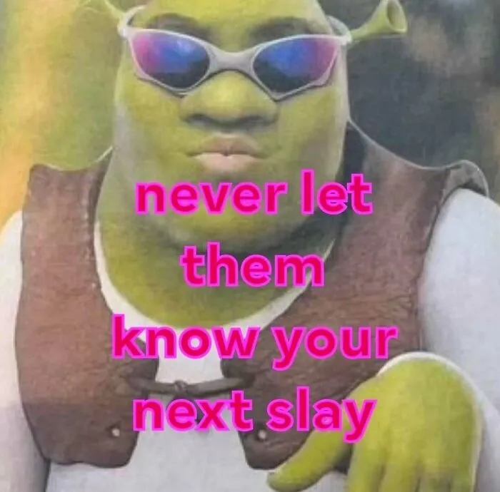 Shrek in sunglasses with pink text saying never let them know your next slay, great for funny memes