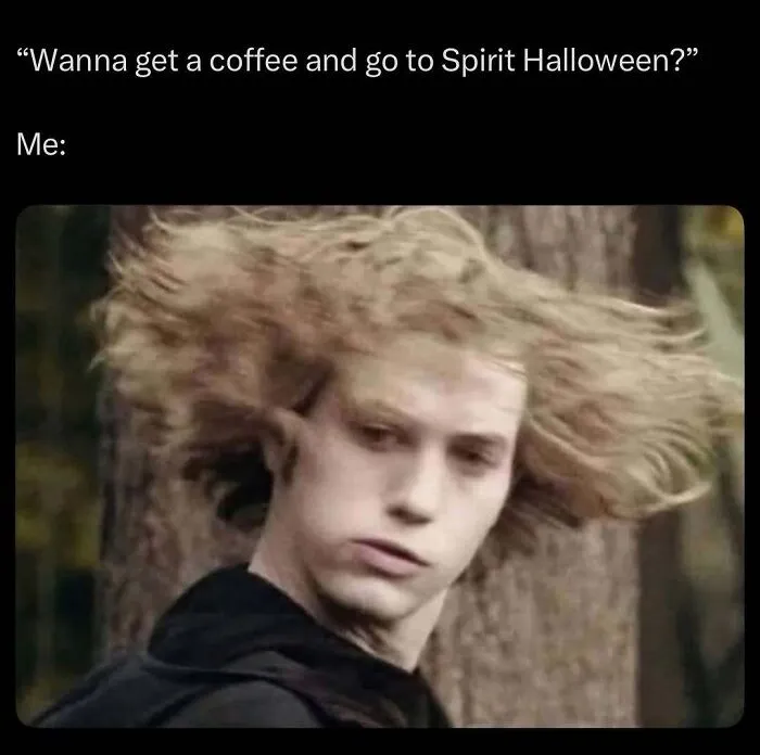 Hilarious Halloween memes showing a person whipping their hair around dramatically to go to Spirit Halloween.