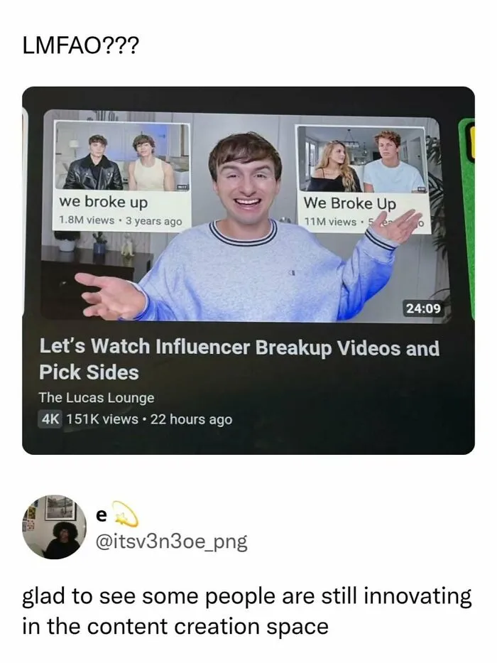 A screenshot of a YouTube video about influencer breakups, perfect for sending memes to friends.