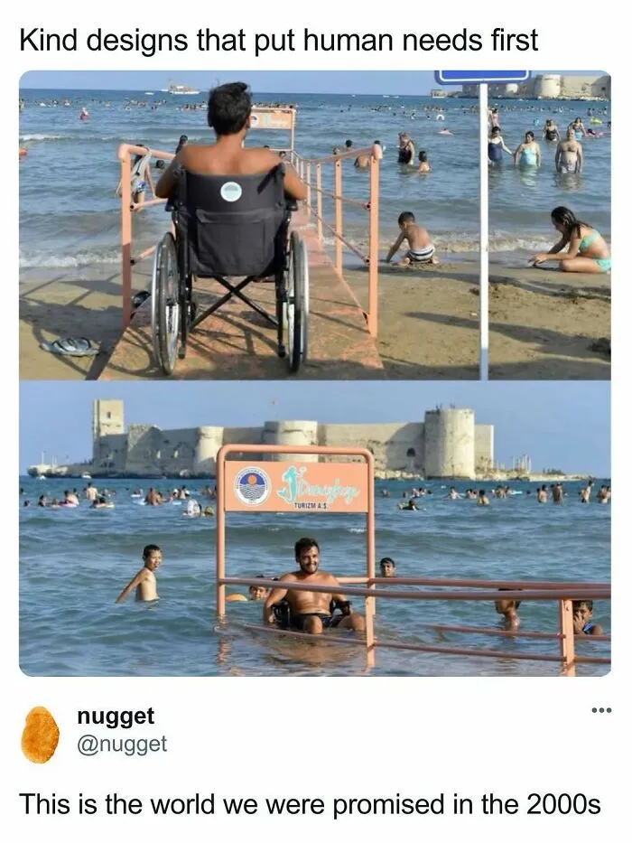 Accessible ramp into the ocean for wheelchair users, part of wholesome moments.