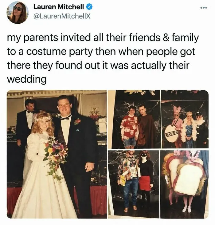 Silly post showing a bride and groom alongside wedding guests wearing Halloween costumes