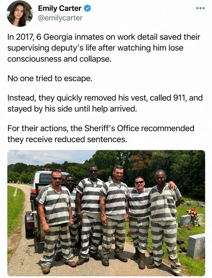 Silly and fun posts featuring news tweet about inmates who helped a deputy and a group photo of inmates in uniform