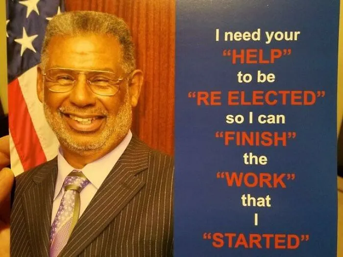 A campaign flyer showing misused quotation marks around words like HELP and RE ELECTED.