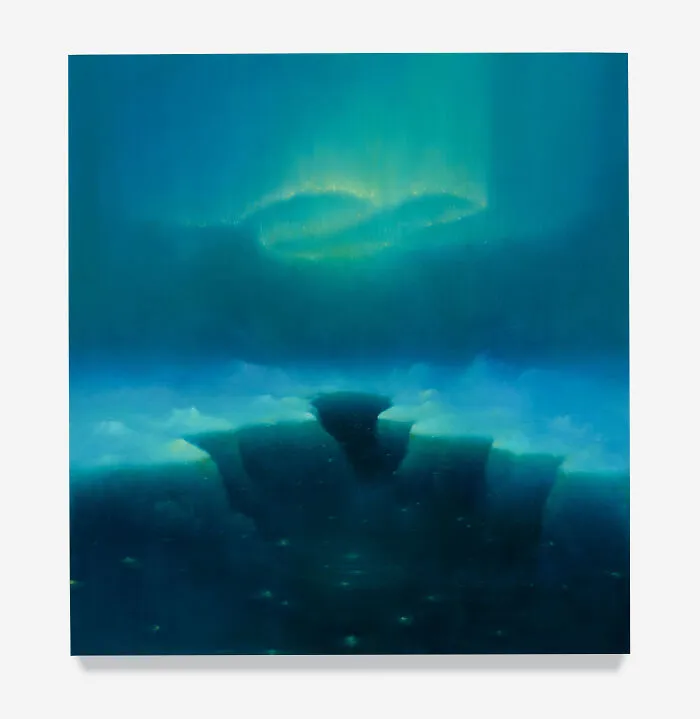 Sarah Lee artwork depicting mysterious underwater scene with dark chasm and glowing blue light