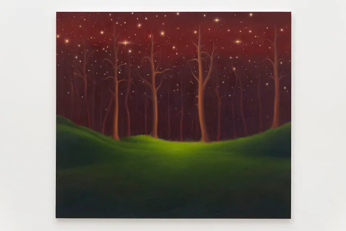 Sarah Lee painting of glowing trees in dark forest under starry sky
