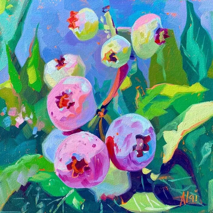 Bright pink and blue berries on a leafy branch, an original from Alai Paintings.