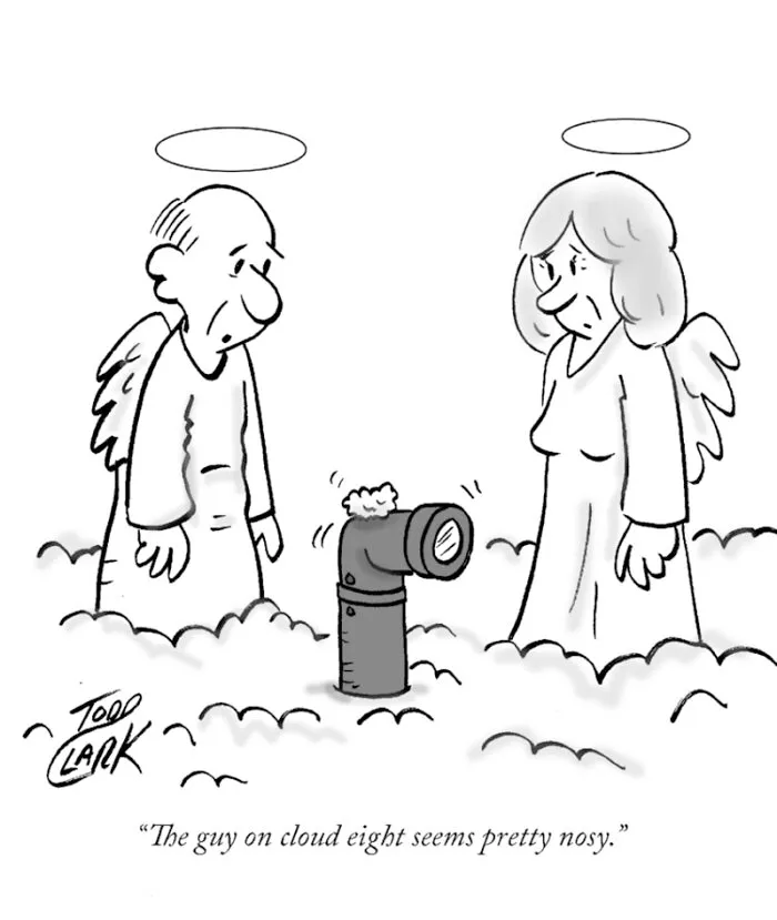 A satirical comic featuring angels on a cloud finding a periscope highlighting ridiculous situations