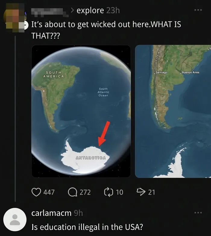 Social media user asking about Antarctica, highlighting examples of freedom of speech.