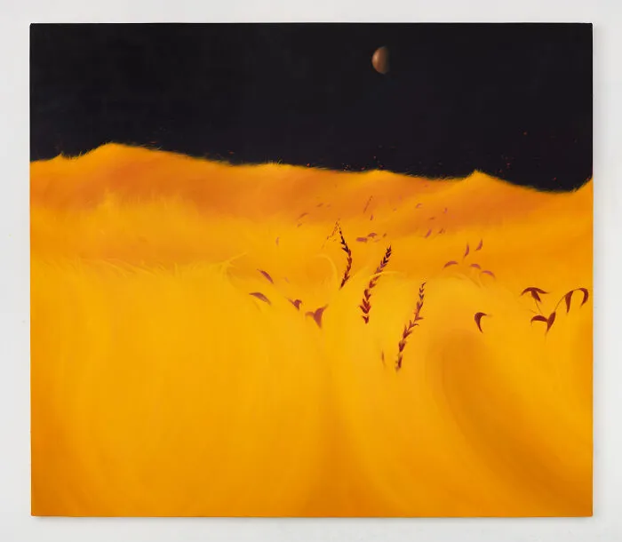 Sarah Lee artwork showing bright yellow field with dark sky and crescent moon