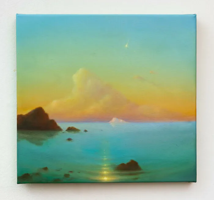 Sarah Lee sunset seascape painting with rocks, clouds, and glowing sky