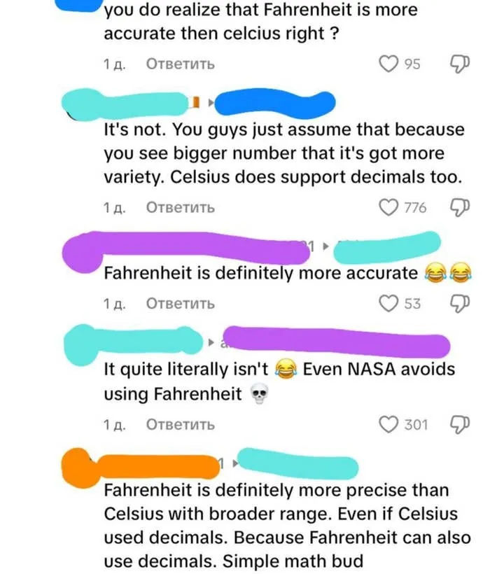 Online debate comparing Fahrenheit and Celsius, highlighting misuse of Freedom Of Speech.