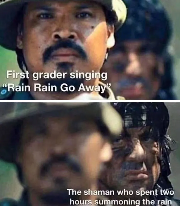 Wholesome memes featuring a soldier meme juxtaposing a singing first grader and a serious rain-summoning shaman.
