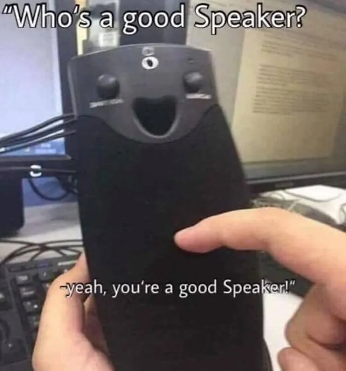Wholesome memes image of a hand petting a computer speaker shaped like a happy face.