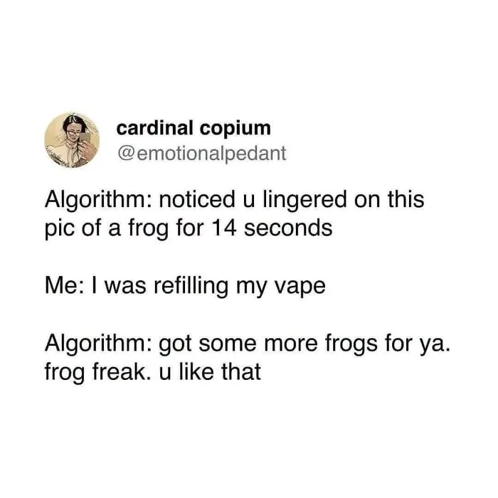 Social media text post forming wholesome memes about social algorithm suggesting frog pictures.