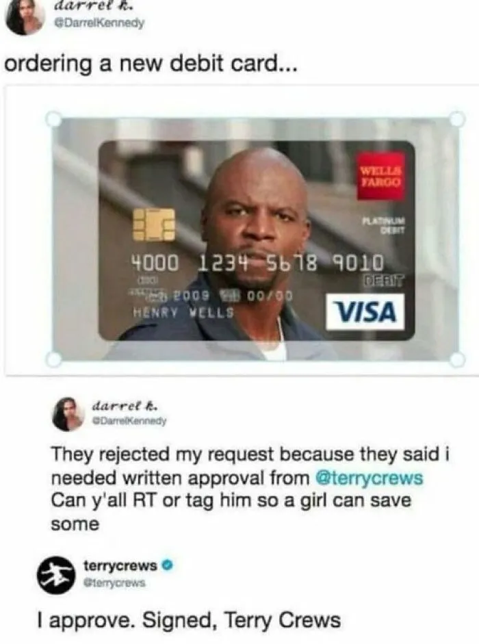 Terry Crews approving a debit card design in the funnier comments section of a tweet.