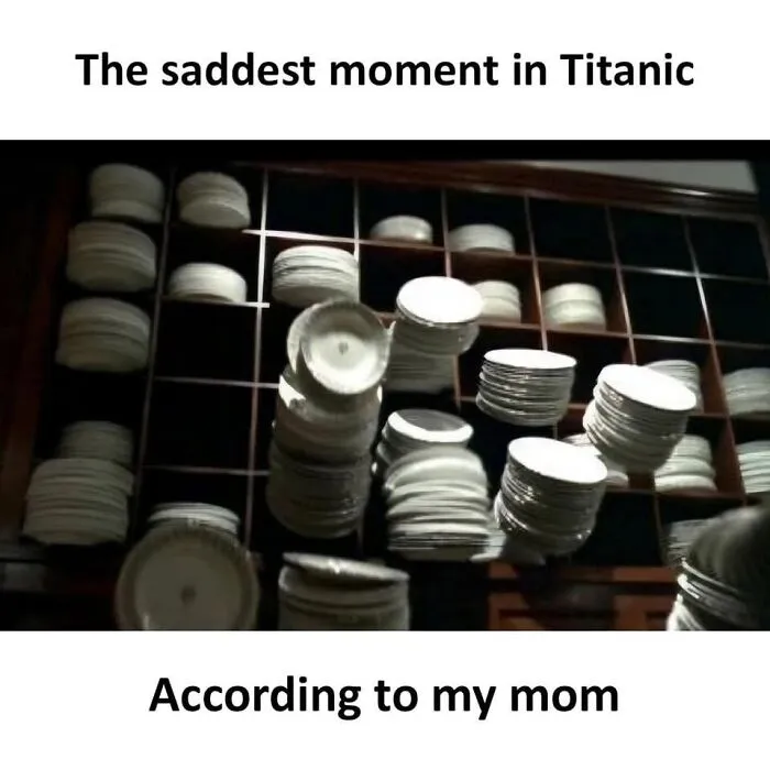 Stacked plates falling in a scene, featured in wholesome memes.