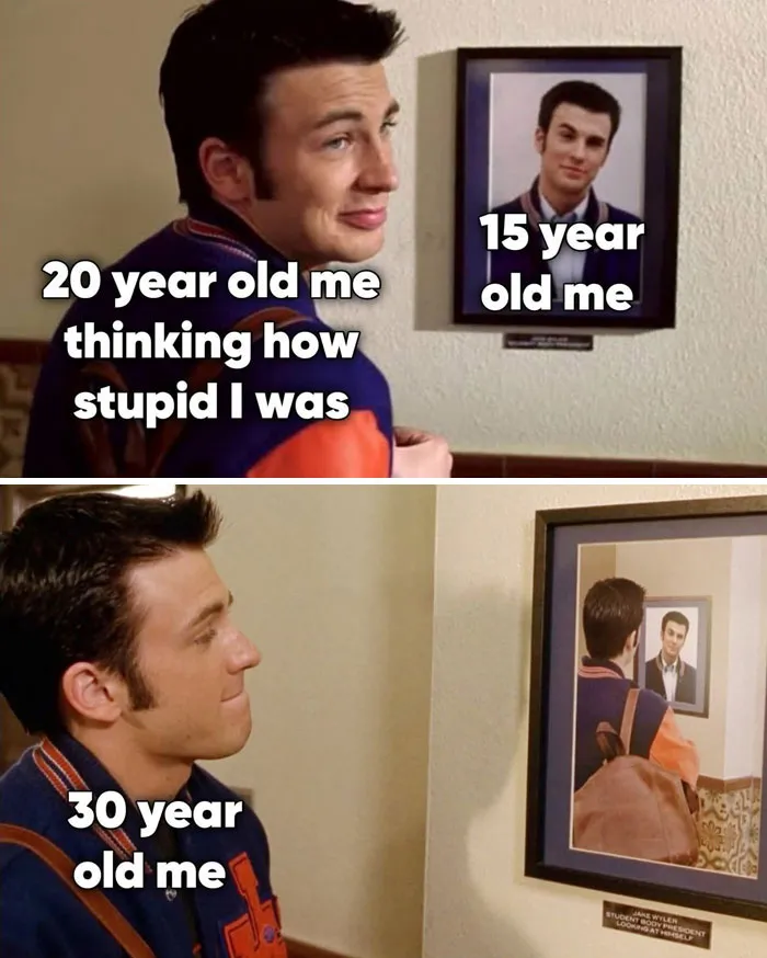 Wholesome memes template showing Chris Evans looking at older photos of himself across different ages