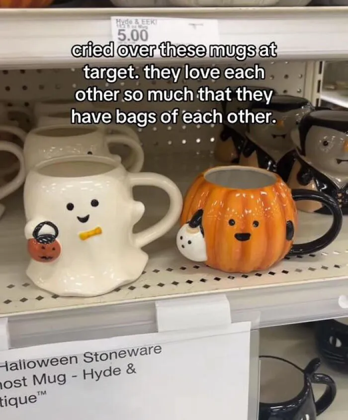 Wholesome memes showing ghost and pumpkin mugs holding miniature versions of each other.