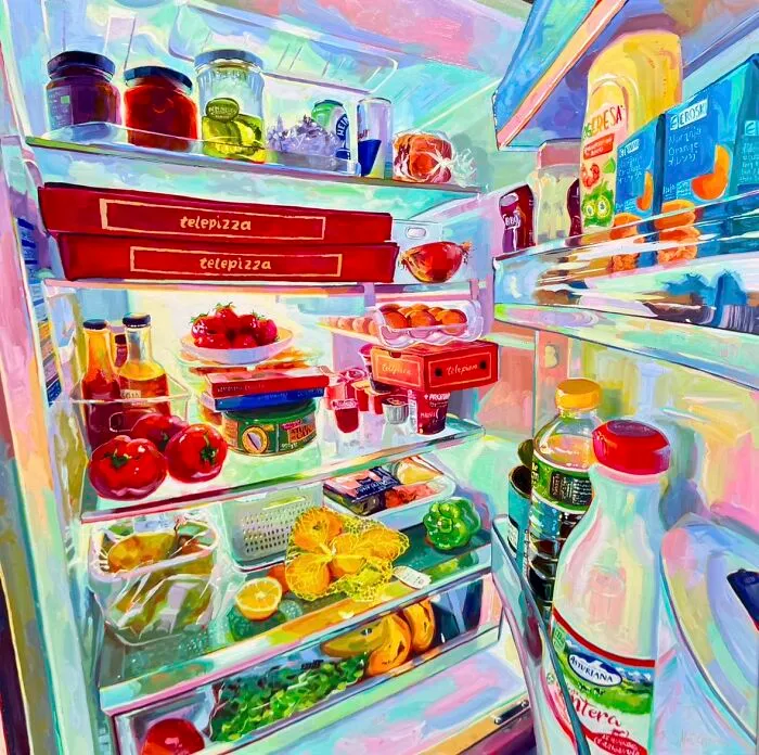 An open refrigerator filled with colorful food items in the style of Alai Paintings