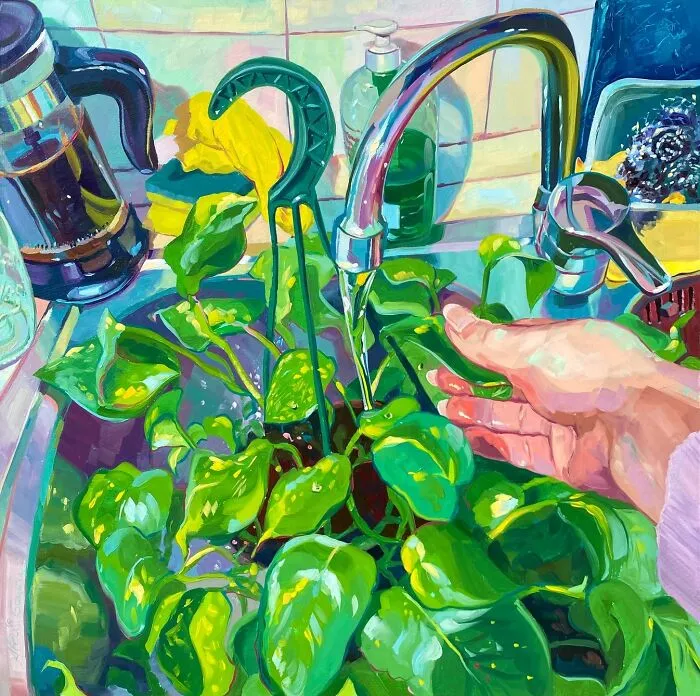 Watering a potted green houseplant in a sink, Alai Paintings style