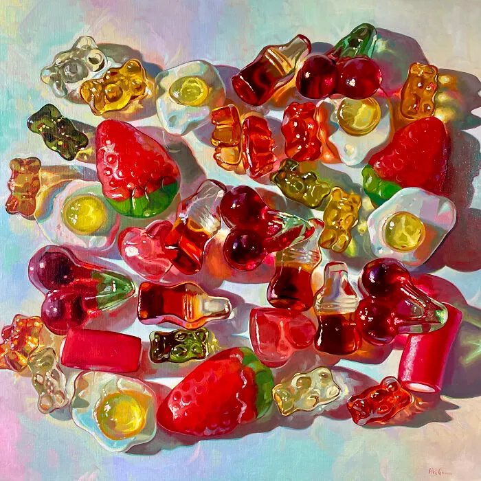 A colorful collection of gummy candies rendered in Alai Paintings style