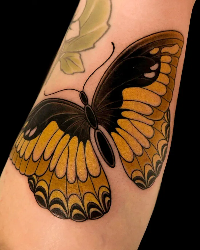 Colorful yellow and black butterfly tattoo on forearm