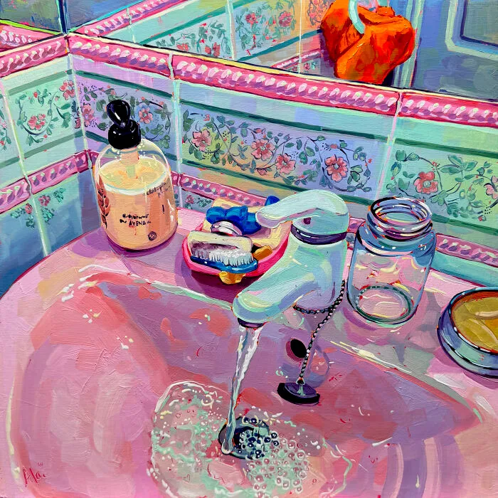 Alai Paintings artwork showing a pastel-colored bathroom sink with running water and soap dispenser.